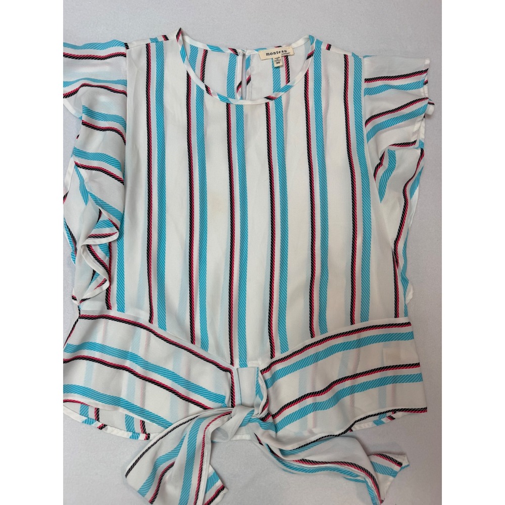 Monteau Los Angeles Womens Medium Flutter Sleeve Tie Front Striped Blouse 28491